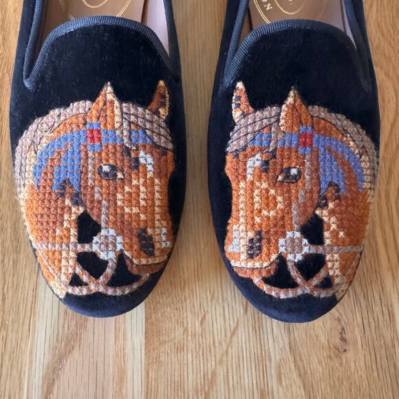 Stubbs & Wootton Black Velvet Needlepoint Horse Equestrian Loafer Flats Sz 8 - Picture 2 of 12
